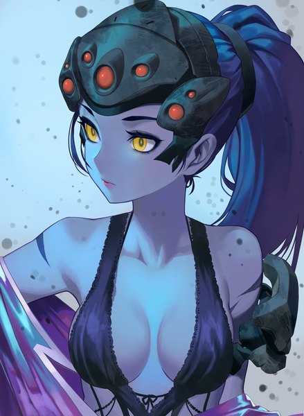 Anime-Bild 798x1090 mit overwatch blizzard entertainment widowmaker (overwatch) salmon88 single long hair tall image breasts light erotic simple background yellow eyes blue hair looking away cleavage upper body ponytail off shoulder tattoo lipstick undressing