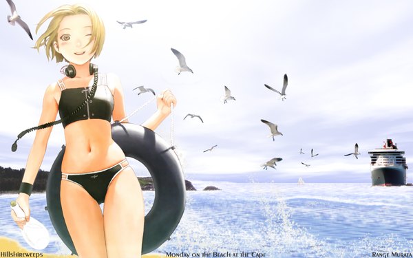Anime picture 1680x1050 with range murata single looking at viewer short hair open mouth light erotic blonde hair smile wide image signed cloud (clouds) one eye closed wink beach thigh gap skindentation third-party edit girl navel swimsuit