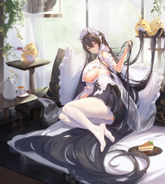 Anime picture 1300x1446 with azur lane manjuu (azur lane) indomitable (azur lane) indomitable (ms. motivationless maid) (azur lane) dongfangzhong111 single tall image looking at viewer fringe breasts light erotic black hair hair between eyes large breasts green eyes payot full body bent knee (knees) indoors lying