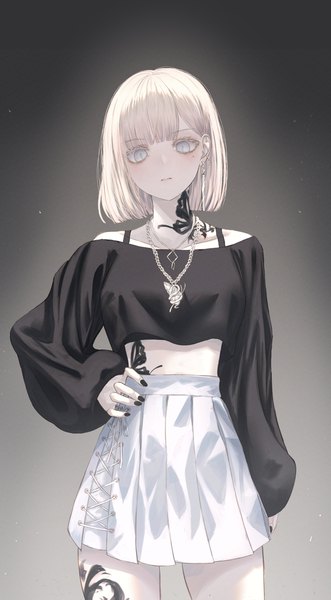 Anime picture 990x1796 with original neon (pixiv 31150749) single tall image looking at viewer blush fringe short hair simple background blonde hair standing bare shoulders blunt bangs long sleeves nail polish pleated skirt fingernails grey background mole from below