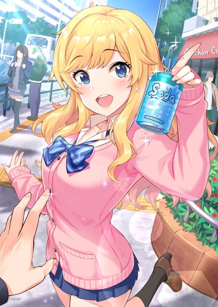 Anime picture 2000x2824 with idolmaster idolmaster cinderella girls idolmaster cinderella girls starlight stage ootsuki yui tamakaga long hair tall image looking at viewer blush fringe highres breasts open mouth blue eyes blonde hair smile standing holding sky outdoors