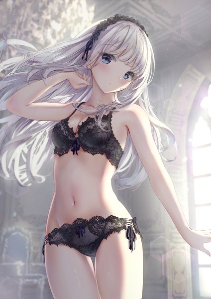 Anime picture 1302x1842 with original missle228 single long hair tall image looking at viewer blush fringe breasts blue eyes light erotic standing white hair indoors blunt bangs arm up underwear only thigh gap adjusting hair girl