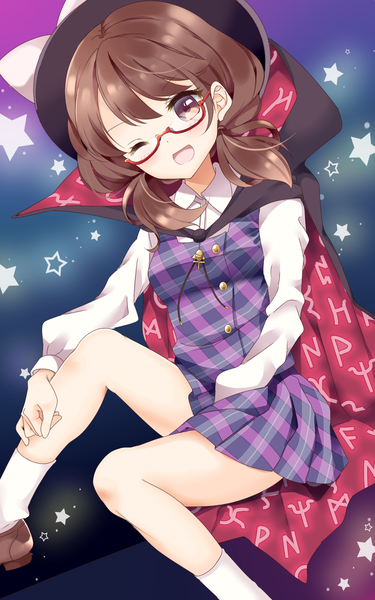 Anime picture 1200x1920 with touhou usami sumireko stigma1101 single long hair tall image looking at viewer blush brown hair sitting twintails brown eyes one eye closed wink low twintails girl skirt hat glasses star (symbol)