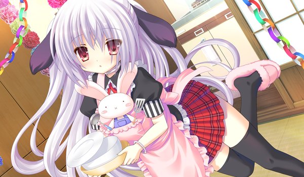 Anime picture 1024x600 with tsukumonotsuki long hair red eyes wide image animal ears game cg white hair loli girl thighhighs skirt black thighhighs miniskirt apron