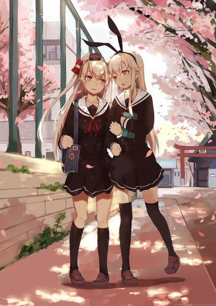 Anime picture 2894x4093 with kantai collection shimakaze destroyer amatsukaze destroyer huanxiang heitu long hair tall image highres blonde hair multiple girls silver hair orange eyes two side up alternate costume zettai ryouiki cherry blossoms girl thighhighs skirt uniform hair ornament