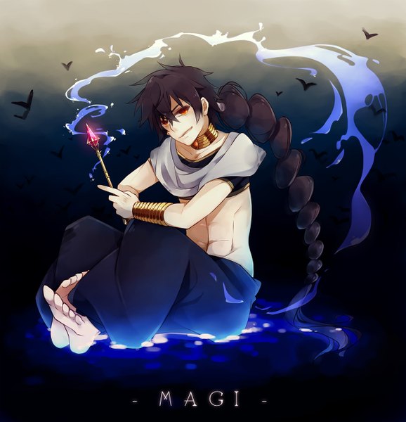 Anime picture 1254x1300 with magi the labyrinth of magic a-1 pictures judal mukkun single long hair tall image looking at viewer black hair simple background smile red eyes braid (braids) barefoot magic single braid boy bracelet toes wand