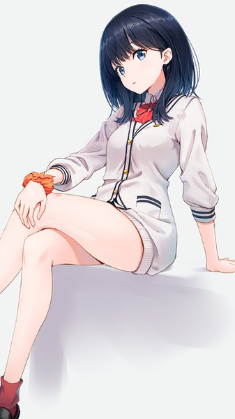 Anime picture 750x1334 with gridman universe ssss.gridman studio trigger takarada rikka hyuuga azuri single long hair tall image looking at viewer blush fringe blue eyes black hair simple background white background sitting parted lips arm support bare legs crossed legs