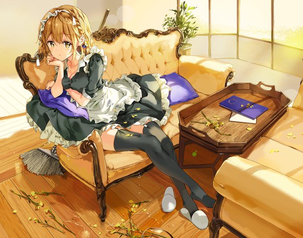 Anime picture 1346x1059 with masamune-kun no revenge silver link koiwai yoshino tiv single looking at viewer blush fringe short hair breasts blonde hair hair between eyes large breasts sitting yellow eyes cleavage full body indoors braid (braids) parted lips