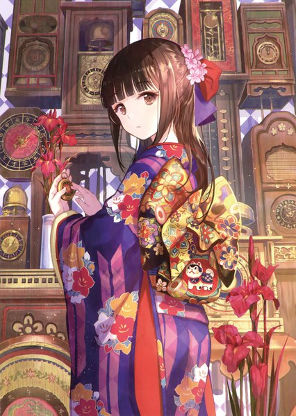 Anime picture 2488x3500 with original fuzichoco single long hair tall image looking at viewer fringe highres brown hair brown eyes blunt bangs traditional clothes japanese clothes hair flower scan official art girl flower (flowers) clock pendulum clock