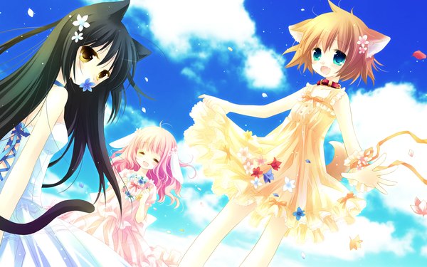 Anime picture 1920x1200 with pure pure hinata tobari sachi sakurazawa izumi long hair looking at viewer blush highres short hair open mouth blue eyes black hair brown hair wide image animal ears yellow eyes pink hair sky cloud (clouds)