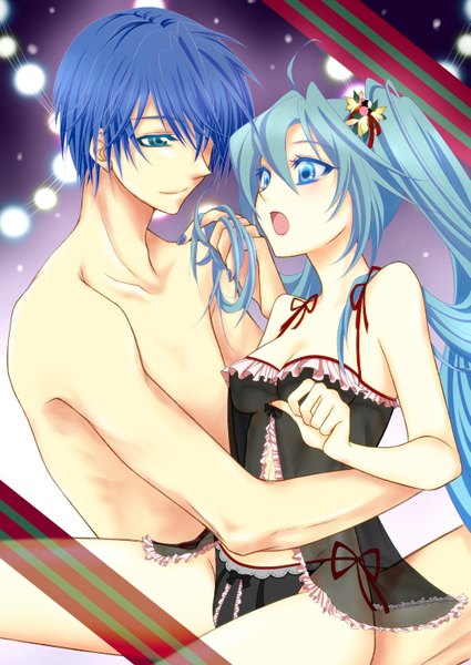 Anime picture 1063x1500 with vocaloid hatsune miku kaito (vocaloid) asuka nis (artist) long hair tall image fringe short hair breasts open mouth blue eyes light erotic twintails blue hair nude hair over one eye couple girl boy underwear