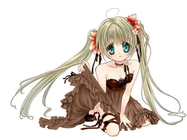 Anime picture 1024x768 with hisaba iori twintails bare shoulders green eyes hair flower loli dress hair ornament flower (flowers) ribbon (ribbons)