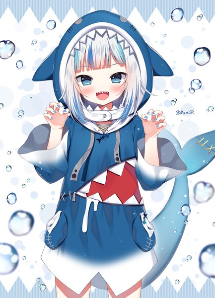 Anime picture 721x1000 with virtual youtuber hololive hololive english gawr gura gawr gura (1st costume) mauve single tall image looking at viewer blush short hair open mouth blue eyes standing signed silver hair tail nail polish :d multicolored hair
