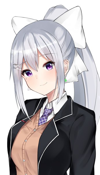 Anime picture 2908x5041 with virtual youtuber nijisanji higuchi kaede nemun (tamizzz) single long hair tall image looking at viewer blush fringe highres simple background smile hair between eyes white background purple eyes payot silver hair upper body ponytail