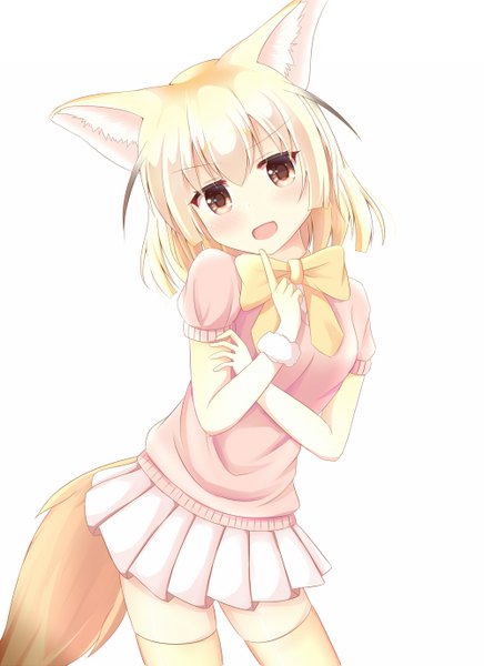 Anime picture 1000x1375 with kemono friends fennec (kemono friends) kedama (kedama akaza) single tall image looking at viewer blush fringe short hair open mouth simple background blonde hair smile hair between eyes standing white background brown eyes animal ears payot tail