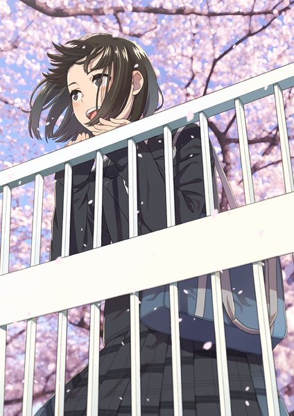 Anime picture 672x950 with original mattaku mousuke single tall image blush fringe short hair open mouth black hair standing looking away outdoors pleated skirt wind black eyes from below cherry blossoms spring girl skirt