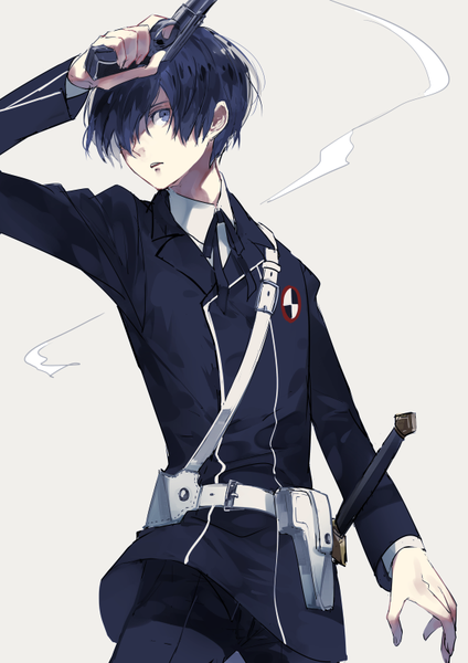 Anime picture 566x800 with persona 3 persona arisato minato syokumura single tall image looking at viewer fringe short hair blue eyes black hair simple background arm up hair over one eye grey background boy weapon sword gun pistol