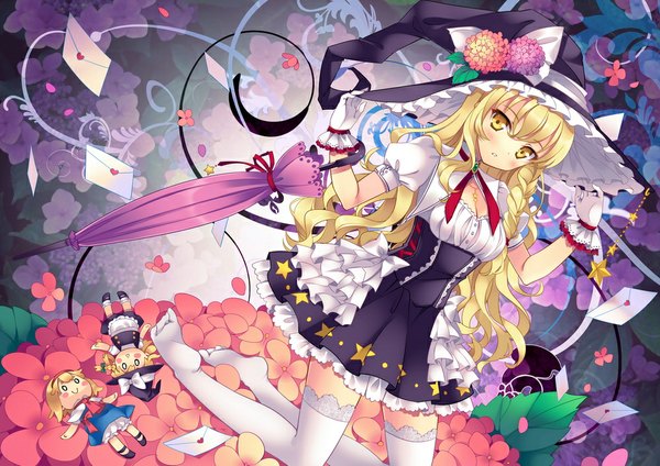 Anime picture 1000x707 with touhou kirisame marisa alice margatroid rie (reverie) long hair blonde hair yellow eyes braid (braids) girl thighhighs dress gloves flower (flowers) petals white thighhighs frills umbrella witch hat letter
