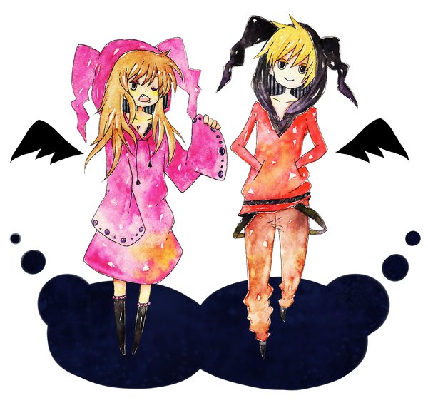 Anime picture 1805x1744 with original mikuron long hair highres short hair open mouth blonde hair smile black eyes orange hair teeth shadow fang (fangs) hands in pockets girl dress boy wings hood knee boots