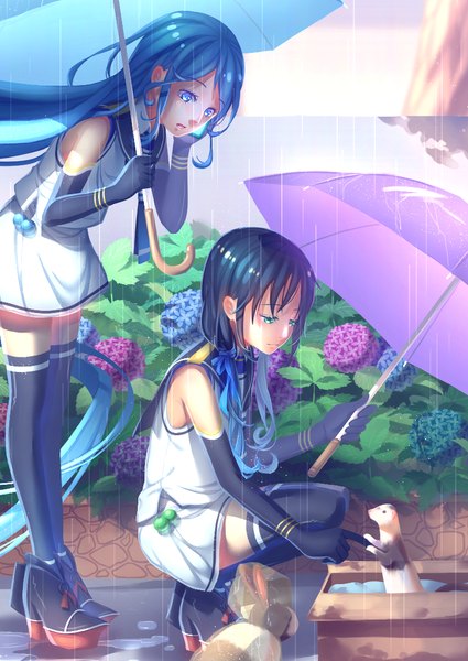 Anime picture 773x1090 with kantai collection samidare destroyer suzukaze destroyer level x long hair tall image fringe open mouth blue eyes standing sitting twintails multiple girls blue hair sky aqua eyes high heels reflection rain squat