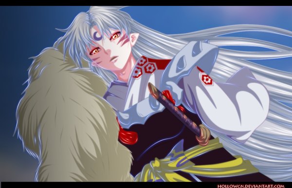 Anime picture 1128x729 with inuyasha sesshomaru hollowcn long hair japanese clothes grey hair orange eyes coloring facial mark letterboxed whisker markings face paint boy weapon sword belt kimono katana fur