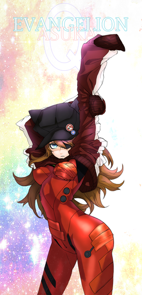 Anime picture 500x1035 with neon genesis evangelion rebuild of evangelion evangelion: 3.0 you can (not) redo gainax soryu asuka langley shikinami asuka langley bbbox (hotpppink) single long hair tall image looking at viewer breasts blue eyes light erotic brown hair standing arms up hands in sleeves girl jacket