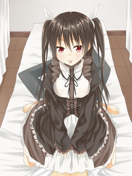 Anime picture 750x1000 with mayo chiki! feel (studio) suzutsuki kanade heirou long hair tall image looking at viewer blush black hair red eyes sitting lying barefoot two side up wariza solo focus :p sitting on person girl dress