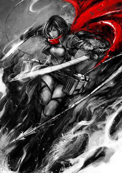 Anime picture 636x900 with shingeki no kyojin production i.g mikasa ackerman muju single tall image looking at viewer fringe short hair holding bent knee (knees) wind blurry open clothes open jacket monochrome spread arms smoke flying dual wielding