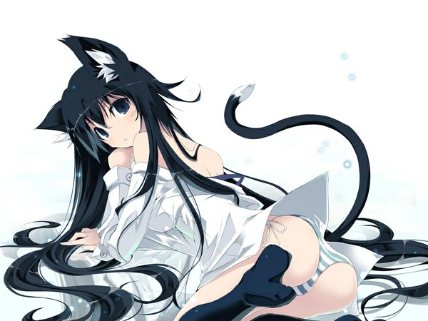 Anime picture 896x672 with original satomi single long hair looking at viewer blue eyes light erotic black hair simple background white background animal ears ass tail animal tail looking back cat ears cat girl cat tail no shoes reclining