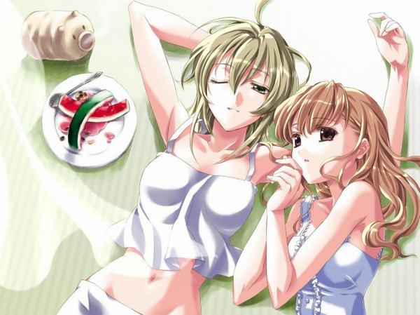 Anime picture 1233x924 with maria-sama ga miteru studio deen toudou shimako satou sei shoujo ai food berry (berries) watermelon kayari buta