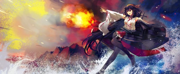 Anime picture 5504x2267 with kantai collection haruna battleship tsubasa19900920 single highres open mouth black hair red eyes wide image looking away absurdres very long hair outstretched arm battle nontraditional miko girl detached sleeves water fire splashes