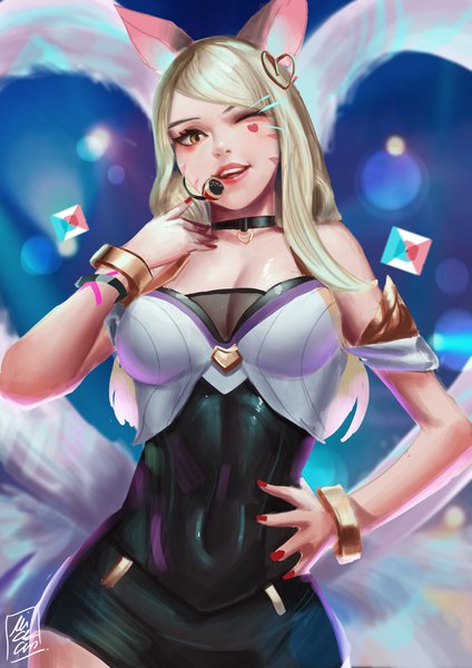 Anime picture 2480x3508 with league of legends k/da (league of legends) ahri (league of legends) k/da ahri moi'dukdum single long hair tall image looking at viewer highres breasts open mouth light erotic blonde hair smile standing bare shoulders signed animal ears yellow eyes