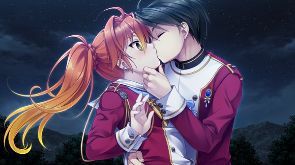 Anime picture 1920x1080 with hello lady akatsuki-works akahito tamao long hair highres short hair black hair wide image brown eyes game cg ponytail red hair eyes closed multicolored hair night two-tone hair couple kiss girl boy