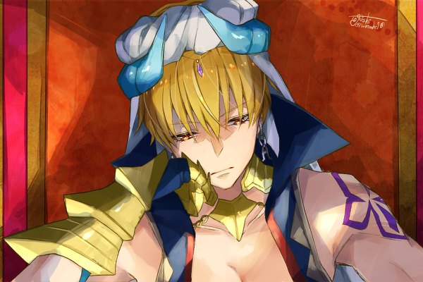Anime picture 1200x800 with fate (series) fate/grand order gilgamesh (fate) gilgamesh (caster) (fate) togashi (choco-bakama kitchen) single fringe short hair blonde hair hair between eyes bare shoulders signed upper body traditional clothes head tilt orange eyes tattoo looking down topless red background