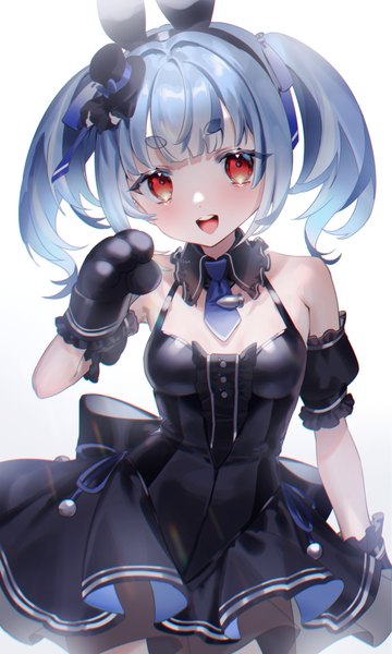 Anime picture 2232x3720 with virtual youtuber hololive usada pekora usada pekora (furi furi bunny dress) mu (mom 0303) single long hair tall image looking at viewer highres open mouth simple background red eyes white background twintails animal ears blue hair :d official alternate costume fake animal ears