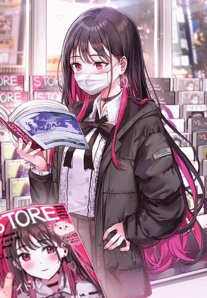 Anime picture 626x900 with original rangu single long hair tall image blush fringe black hair holding looking away pink hair indoors blunt bangs pink eyes multicolored hair blurry mole open jacket two-tone hair sparkle