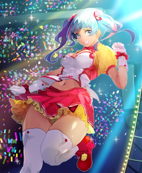 Anime picture 823x1000 with tokyo 7th sisters nanasaki nicole asuna (i luv) single long hair tall image blue eyes light erotic smile twintails blue hair pink hair cleavage bent knee (knees) pleated skirt multicolored hair two-tone hair teeth bare belly from below