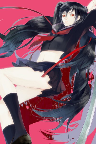 Anime picture 900x1341 with blood c production i.g kisaragi saya fukawa (pixiv) single long hair tall image fringe red eyes twintails blue hair pleated skirt arms up from below legs jumping dark hair girl skirt navel