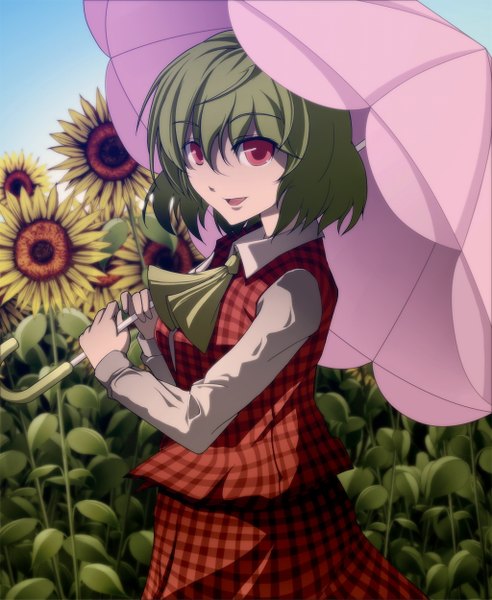 Anime picture 1024x1249 with touhou kazami yuuka s-syogo tall image short hair red eyes green hair girl dress skirt flower (flowers) umbrella skirt set neckerchief sunflower