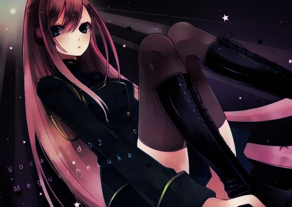 Anime picture 1440x1020 with vocaloid megurine luka single blue eyes sitting pink hair very long hair inscription girl thighhighs black thighhighs miniskirt headphones star (stars) thigh boots