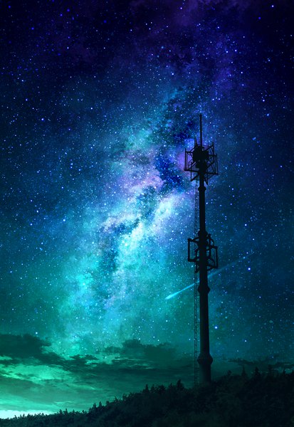 Anime picture 1042x1514 with original mks tall image sky cloud (clouds) night night sky no people landscape scenic milky way plant (plants) tree (trees) building (buildings) star (stars) forest meteorite antenna