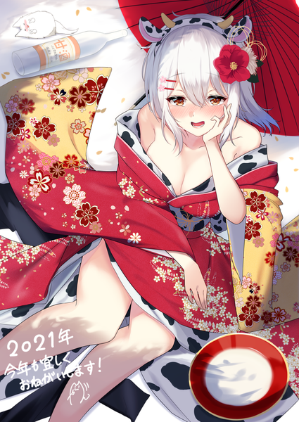 Anime picture 627x885 with original igayan single tall image fringe short hair breasts light erotic hair between eyes large breasts brown eyes animal ears cleavage silver hair traditional clothes japanese clothes off shoulder fake animal ears new year animal print