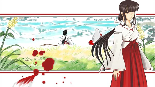 Anime picture 1600x900 with inuyasha kikyou long hair black hair wide image brown eyes miko field girl blood