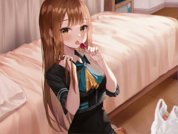 Anime picture 3000x2250 with original wabbajack single long hair looking at viewer blush fringe highres open mouth brown hair sitting holding brown eyes indoors short sleeves anaglyph holding hair girl food sweets