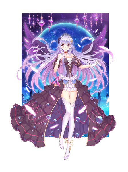 Anime picture 2500x3360 with original ltt challenger single long hair tall image looking at viewer blush highres smile silver hair girl thighhighs dress gloves white thighhighs wings white gloves feather (feathers) tiara