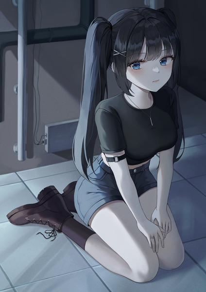 Anime picture 2703x3826 with original monjja single long hair tall image looking at viewer blush fringe highres blue eyes black hair sitting twintails full body bent knee (knees) indoors blunt bangs mole short sleeves midriff