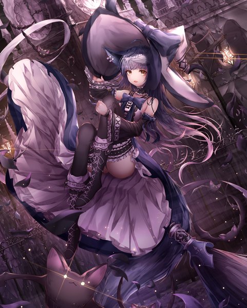 Anime-Bild 2640x3294 mit original momingie single long hair tall image looking at viewer fringe highres light erotic bare shoulders brown eyes animal ears bent knee (knees) tail blunt bangs animal tail grey hair adjusting hat girl thighhighs