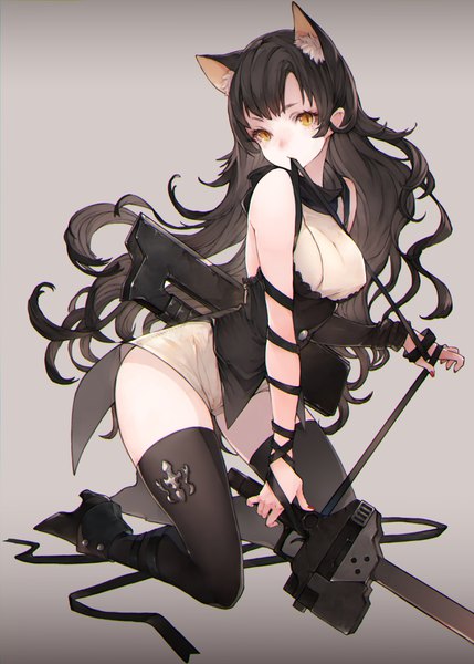 Anime picture 2591x3624 with rwby rooster teeth blake belladonna chobi (sakuyasakuhana) single long hair tall image looking at viewer blush fringe highres breasts light erotic black hair simple background large breasts bare shoulders holding animal ears yellow eyes