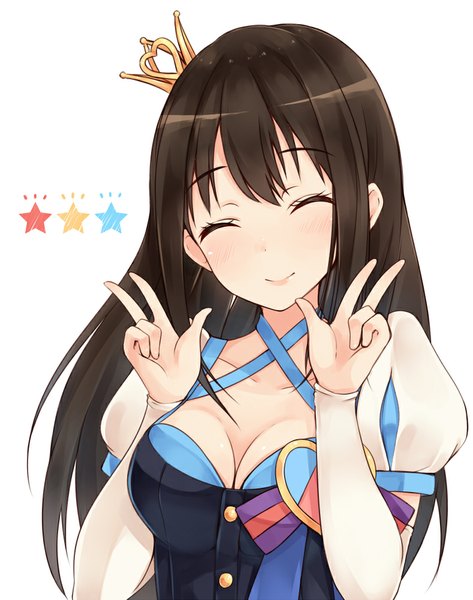 Anime picture 789x1000 with idolmaster idolmaster cinderella girls shibuya rin hiiragi hajime single long hair tall image blush fringe breasts simple background brown hair white background cleavage eyes closed short sleeves puffy sleeves victory ^ ^ star!!