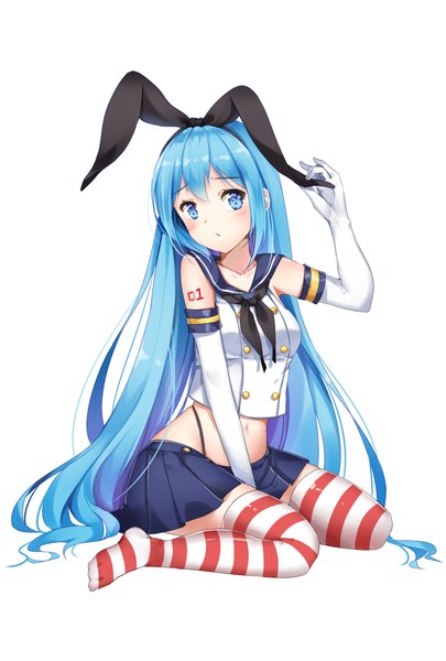 Anime-Bild 1181x1748 mit kantai collection vocaloid hatsune miku shimakaze destroyer douya (233) single long hair tall image looking at viewer blue eyes simple background white background sitting blue hair full body head tilt pleated skirt arm up bare belly tattoo